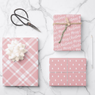 Rustic Pink Tartan Pset Merry Kerstmis Pattern Inpakpapier Vel