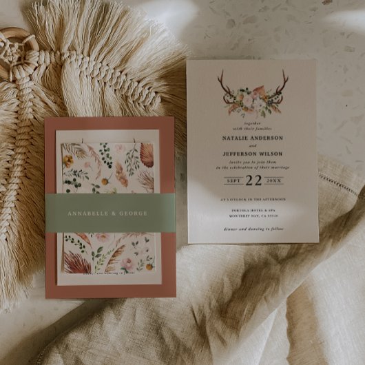 Rustic pink terracotta floral botanical wedding uitnodigingen wikkel