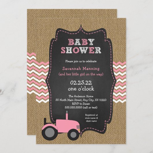 Rustic Pink Tractor meisje Baby shower Kaart (Voorkant / Achterkant)