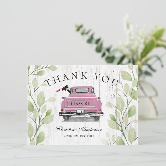Rustic Pink  Truck Greenery Afstuderen Bedankkaart (Staand voorkant)