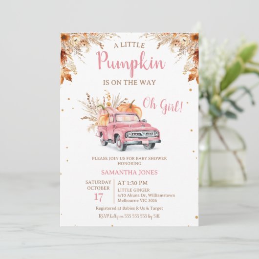 Rustic Pink Truck Little Pumpkin Baby shower Kaart (Staand voorkant)