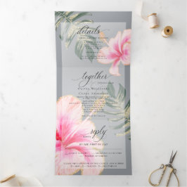 Rustic Pink Waterverf Hibiscus Floral Wedding Drieluik Uitnodiging