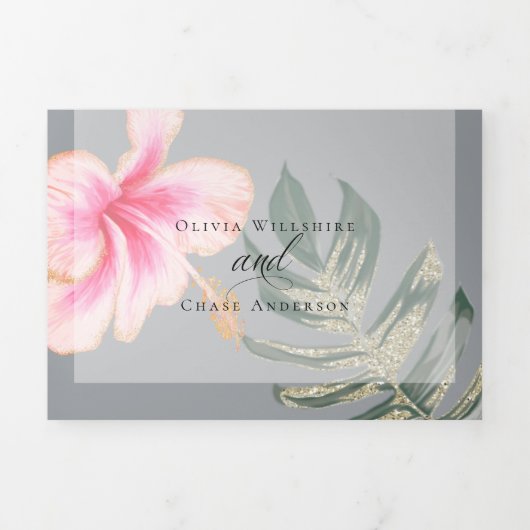 Rustic Pink Waterverf Hibiscus Floral Wedding Drieluik Uitnodiging (Cover)