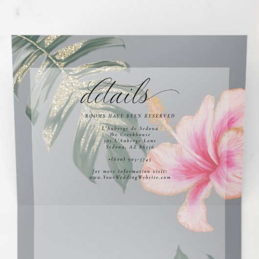 Rustic Pink Waterverf Hibiscus Floral Wedding Drieluik Uitnodiging (Binnenzijde eerst)