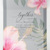Rustic Pink Waterverf Hibiscus Floral Wedding Drieluik Uitnodiging (Binnenkant midden)