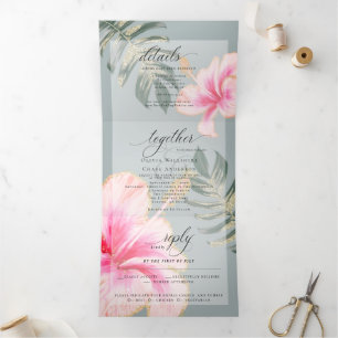 Rustic Pink Waterverf Hibiscus Floral Wedding Tri Drieluik Uitnodiging