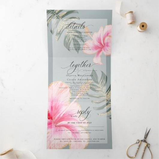 Rustic Pink Waterverf Hibiscus Floral Wedding Tri Drieluik Uitnodiging (Binnen)