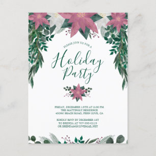 Rustic Pink White Poinsettia Foliage Holiday Party Uitnodiging Briefkaart