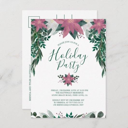 Rustic Pink White Poinsettia Foliage Holiday Party Uitnodiging Briefkaart (Voorkant / Achterkant)