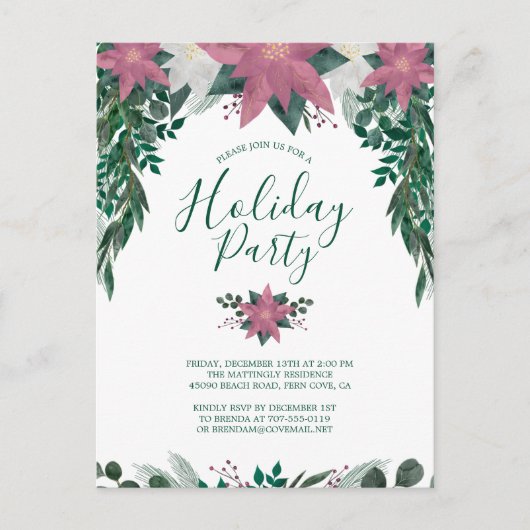 Rustic Pink White Poinsettia Foliage Holiday Party Uitnodiging Briefkaart (Voorkant)