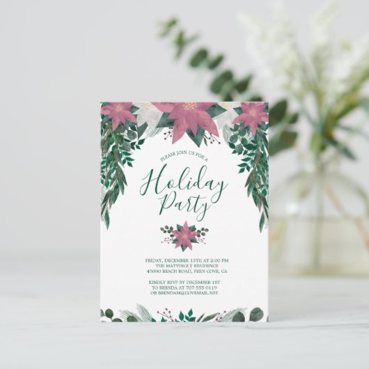 Rustic Pink White Poinsettia Foliage Holiday Party Uitnodiging Briefkaart (Staand voorkant)