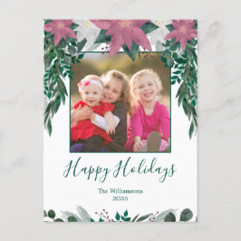 Rustic Pink White Poinsettia Foliage Photo Holiday Briefkaart