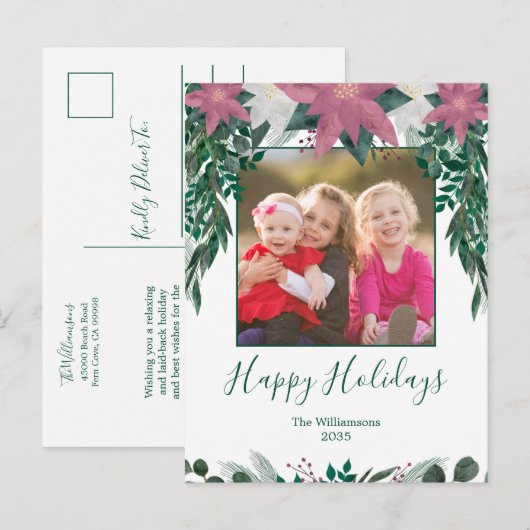 Rustic Pink White Poinsettia Foliage Photo Holiday Briefkaart (Voorkant / Achterkant)