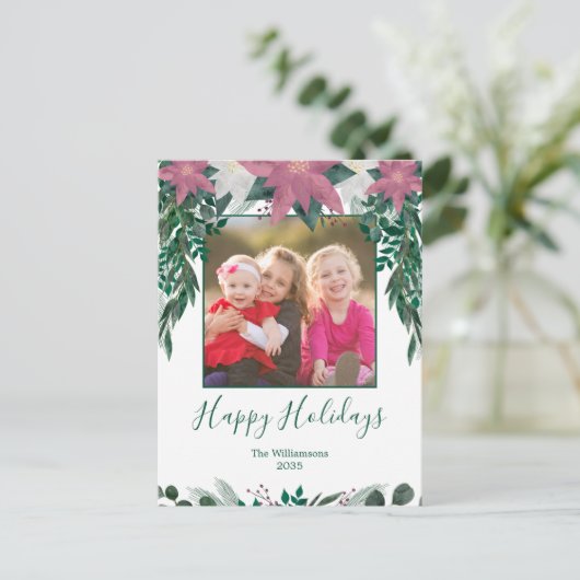 Rustic Pink White Poinsettia Foliage Photo Holiday Briefkaart (Staand voorkant)