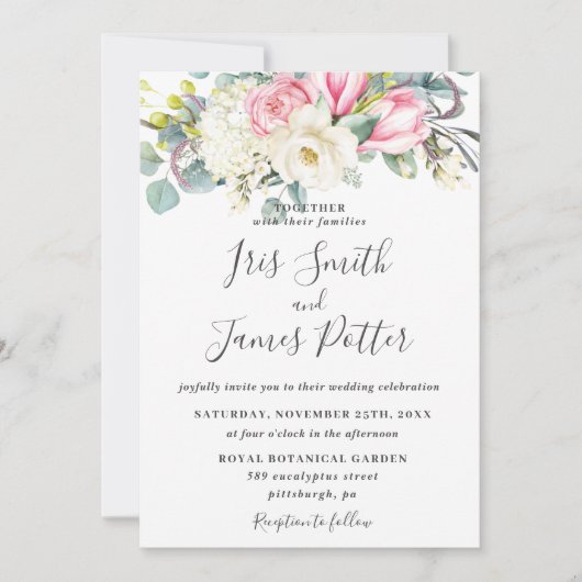 Rustic Pink White Rose Magnolia Hydrangea Wedding Kaart (Voorkant)