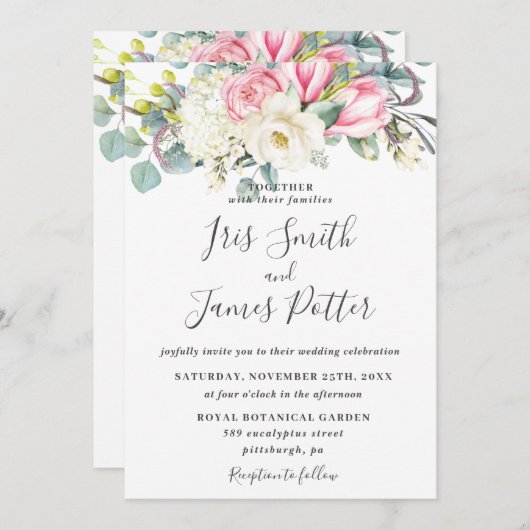 Rustic Pink White Rose Magnolia Hydrangea Wedding Kaart (Voorkant / Achterkant)