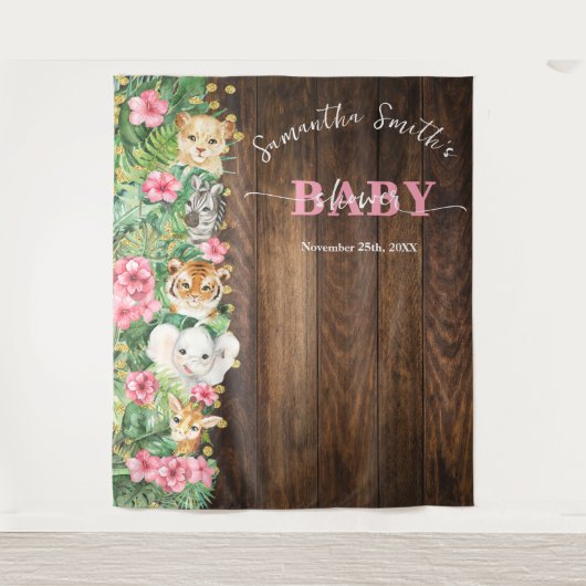 Rustic Pink Wild Safari Animal Welcome Baby Shower Wandkleed (Voorkant)