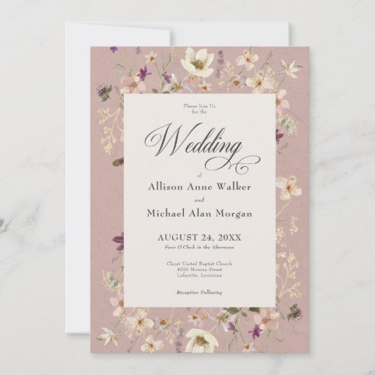 Rustic Pink Wildflower Lijst Script Wedding Kaart (Voorkant)