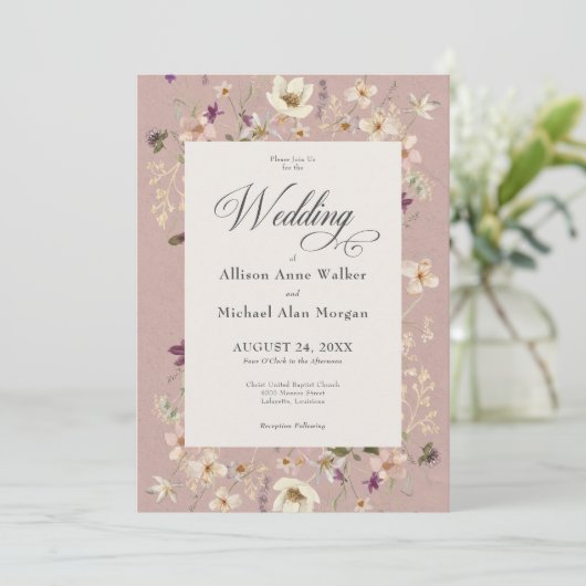 Rustic Pink Wildflower Lijst Script Wedding Kaart (Staand voorkant)
