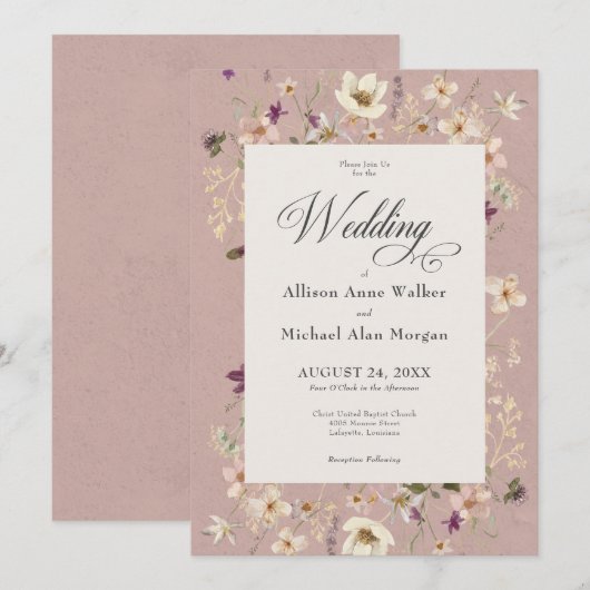 Rustic Pink Wildflower Lijst Script Wedding Kaart (Voorkant / Achterkant)
