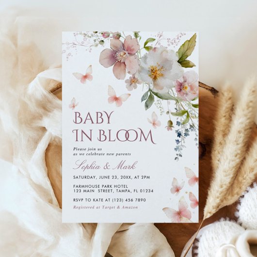 Rustic Pink Wildflowers Baby in Bloom Invitation Kaart