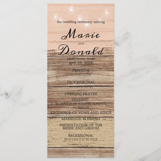 Rustic Pink Wood and Lantern Wedding Programmakaart (Voorkant)