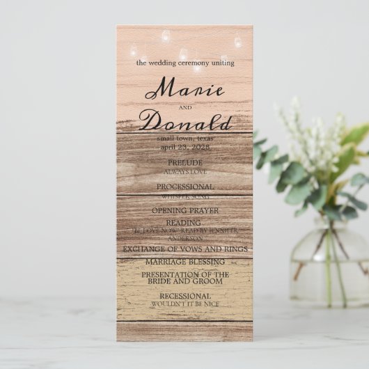 Rustic Pink Wood and Lantern Wedding Programmakaart (Staand voorkant)