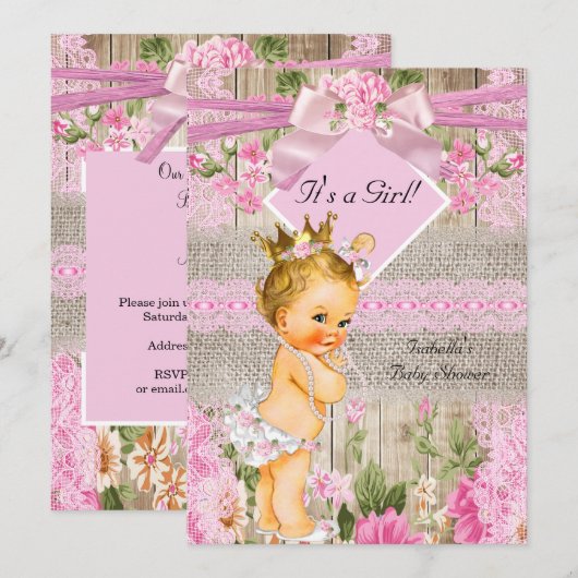 Rustic Pink Wood Burlap Baby shower Blonde Kaart (Voorkant / Achterkant)