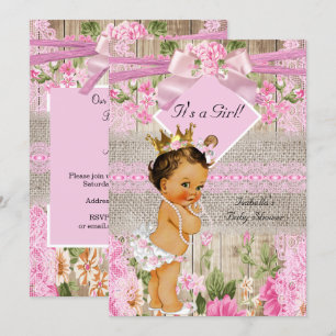 Rustic Pink Wood Burlap Girl Baby shower Brunette Kaart
