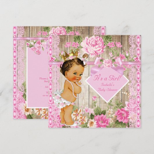 Rustic Pink Wood Princess Baby shower Brunette Kaart (Voorkant / Achterkant)