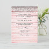 Rustic Pink Wood Silver Glitter Wedding Invite Kaart (Staand voorkant)