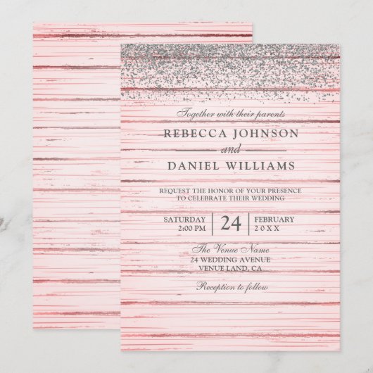 Rustic Pink Wood Silver Glitter Wedding Invite Kaart (Voorkant / Achterkant)