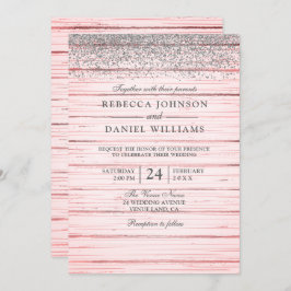 Rustic Pink Wood Silver Glitter Wedding Invite Kaart