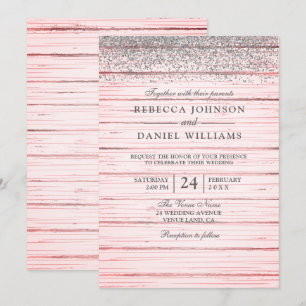 Rustic Pink Wood Silver Glitter Wedding Invite Kaart