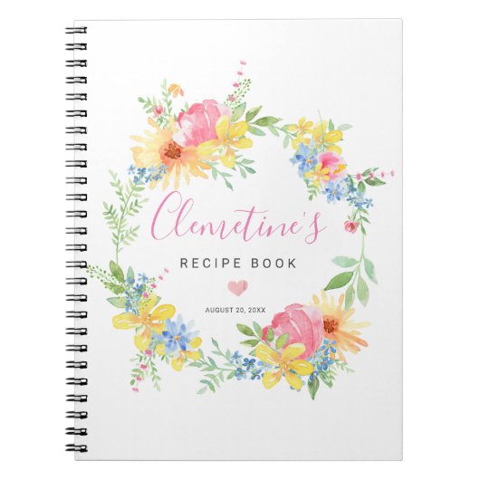 Rustic Pink Yellow Waterverf Floral Recipe Book Notitieboek (Voorkant)
