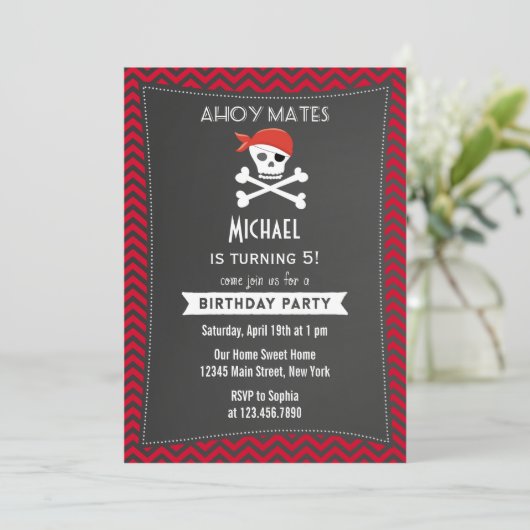 Rustic Pirate Birthday Invitation Red Kaart (Staand voorkant)