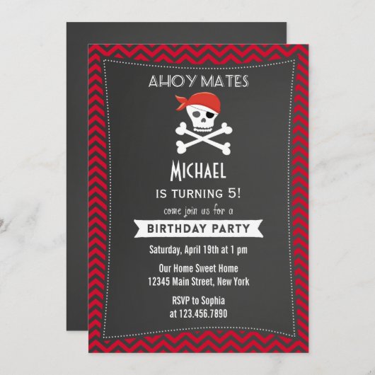 Rustic Pirate Birthday Invitation Red Kaart (Voorkant / Achterkant)