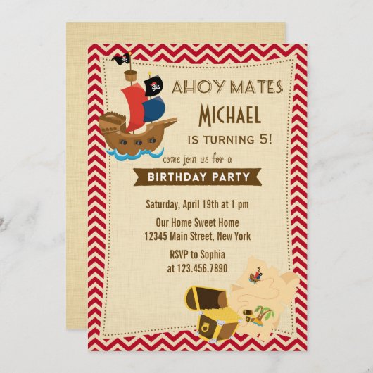 Rustic Pirate Ship Birthday Invitation Red Kaart (Voorkant / Achterkant)