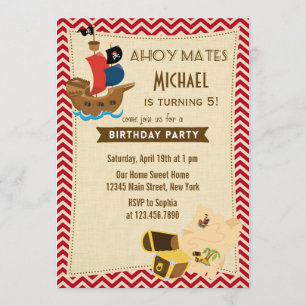 Rustic Pirate Ship Birthday Invitation Red Kaart
