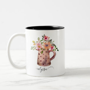 Rustic Pitcher Peach & Mauve Watercolor Floral Tweekleurige Koffiemok