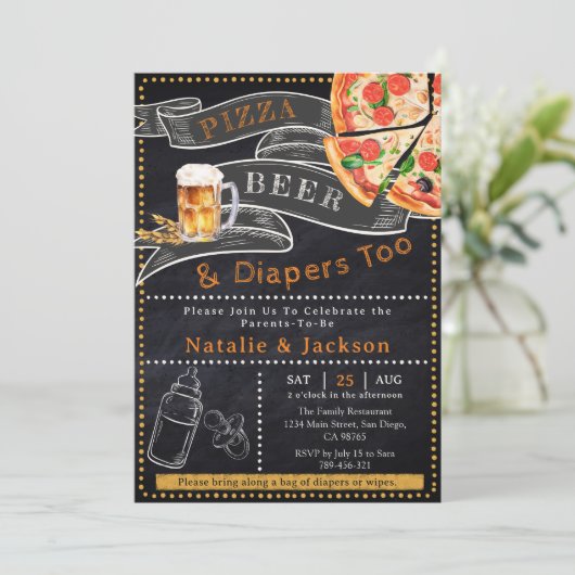 Rustic Pizza Beer & Luiers Baby shower Uitnodiging (Staand voorkant)