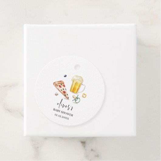 Rustic Pizza Beers Pacifier Baby shower Bedankjes Labels (In situ)