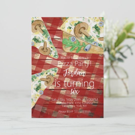 Rustic Pizza Slices Mushroom Birthday Party Kaart (Staand voorkant)