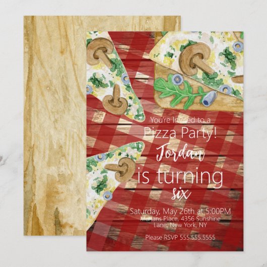 Rustic Pizza Slices Mushroom Birthday Party Kaart (Voorkant / Achterkant)