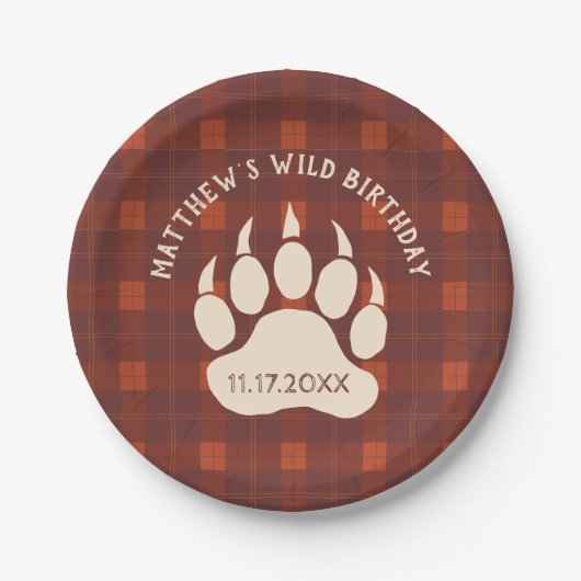 Rustic Plaid Beer Paw Wild Birthday Party Papieren Bordje (Voorkant)