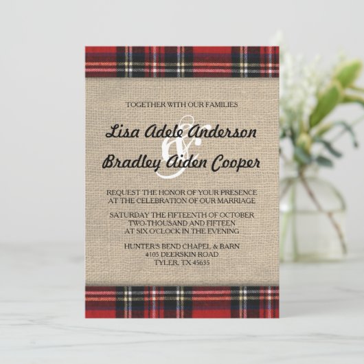 Rustic Plaid Burlap Country Wedding Invitation Kaart (Staand voorkant)