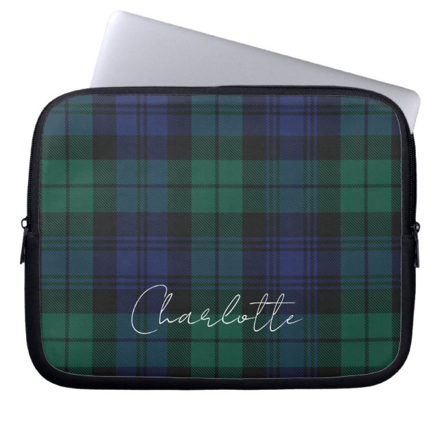 Rustic Plaid Elegante Script Groene Tartan Laptop Sleeve (Voorkant)