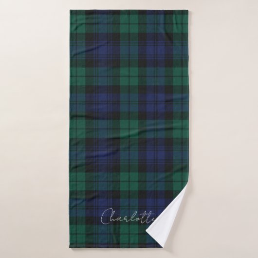 Rustic Plaid Elegante Script Groene Tartan Op Maat Badhanddoek (Badhanddoek)