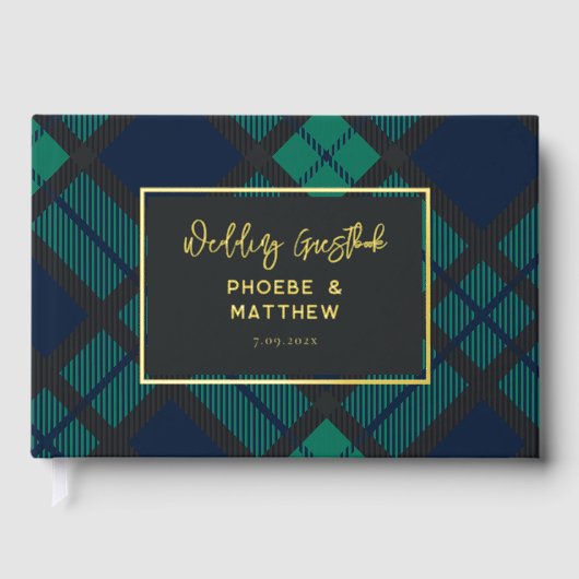 Rustic Plaid Green Black Tartan Gold Foil Wedding Gastenboek (Voorkant)