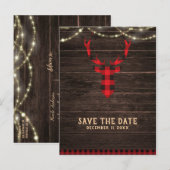 Rustic Plaid Herten Geweien & Lichtjes Save the Da Aankondigingskaart (Voorkant / Achterkant)